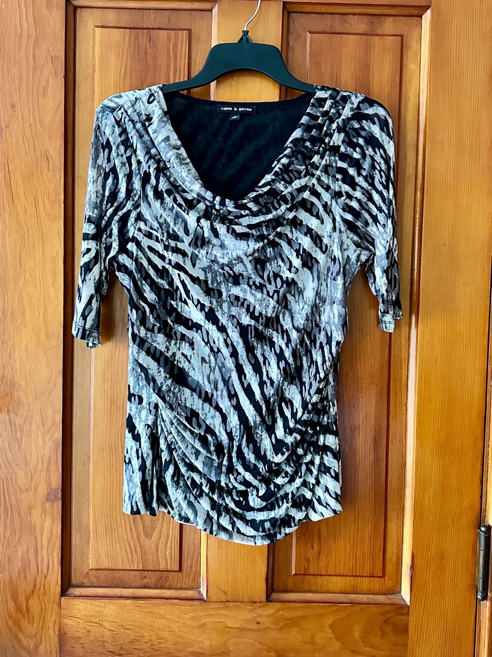 Cable & Gauge Black and Gray Zebra-Print Cowl Neck Top